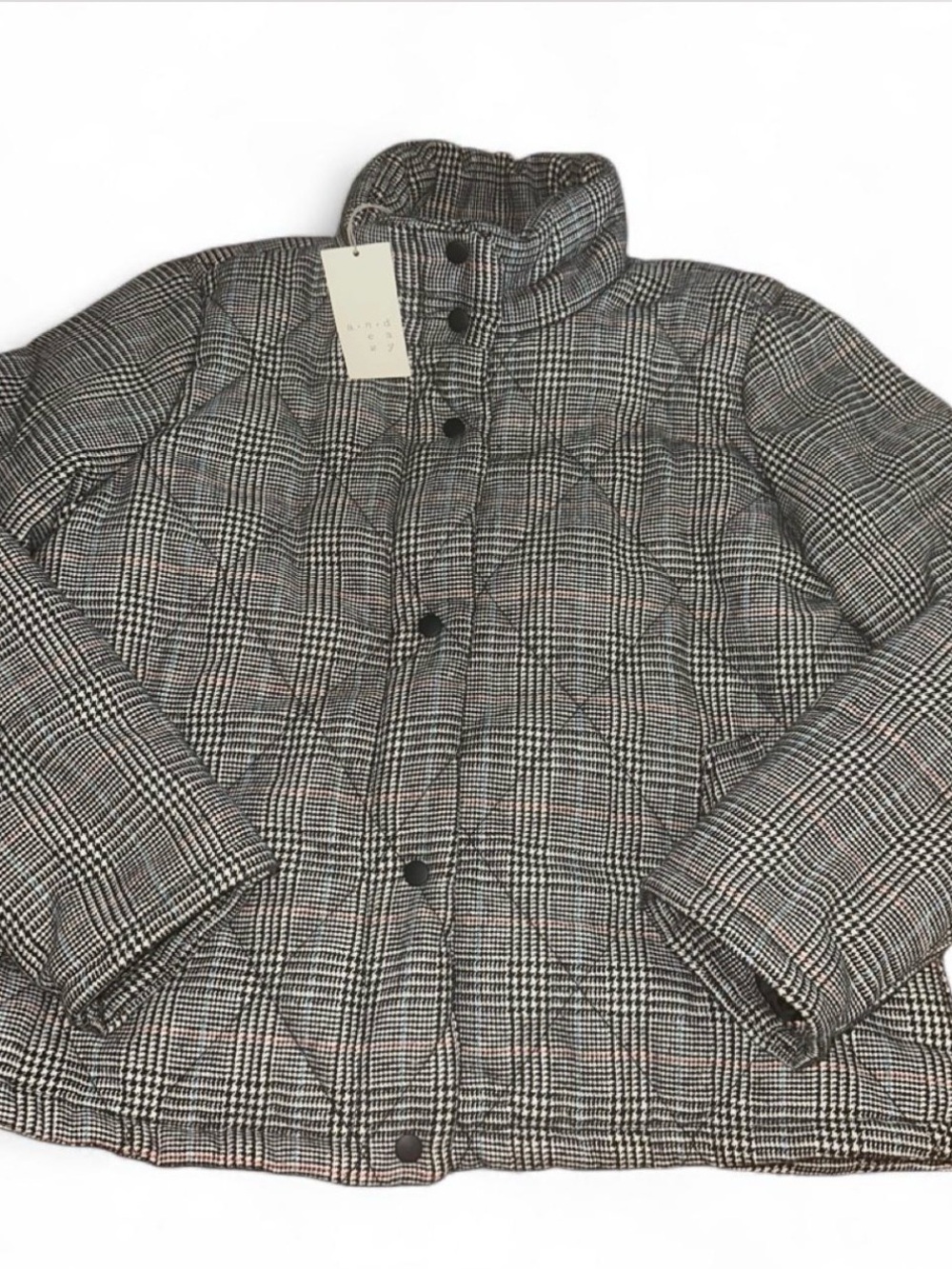 A New Day Black & Gray Plaid Button-Down Puffer Coat NWT